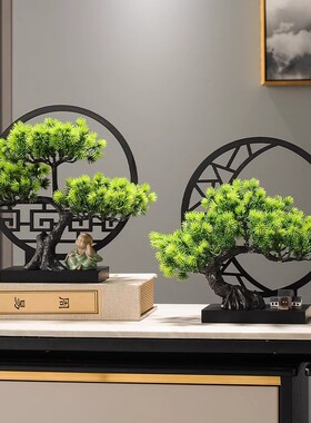 仿真迎客松罗汉松摆件玄关书房书架F茶室客厅装饰品酒店绿植盆景