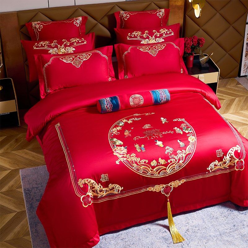 新婚庆四c件套全棉大红色刺绣结婚喜被婚房喜庆百字图床上用品,床上用品,婚庆床品套件,淘宝优惠券,粉丝福利购,淘宝优惠卷