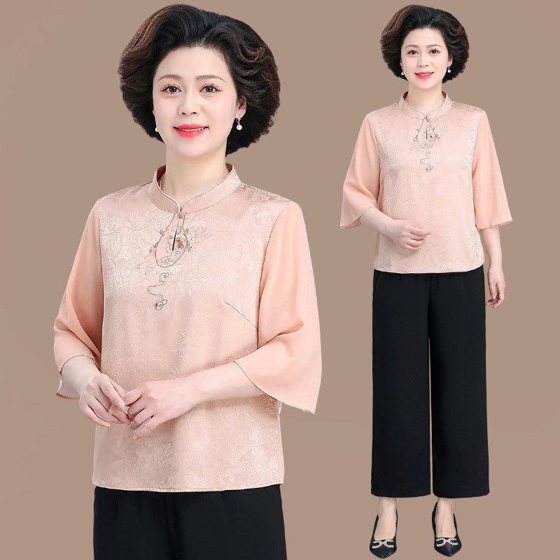 中老年妈妈夏季中l袖雪纺小衫休闲套装女奶奶减龄新中式国风两件,女装/女士精品,中老年女装,淘宝优惠券,粉丝福利购,淘宝优惠卷