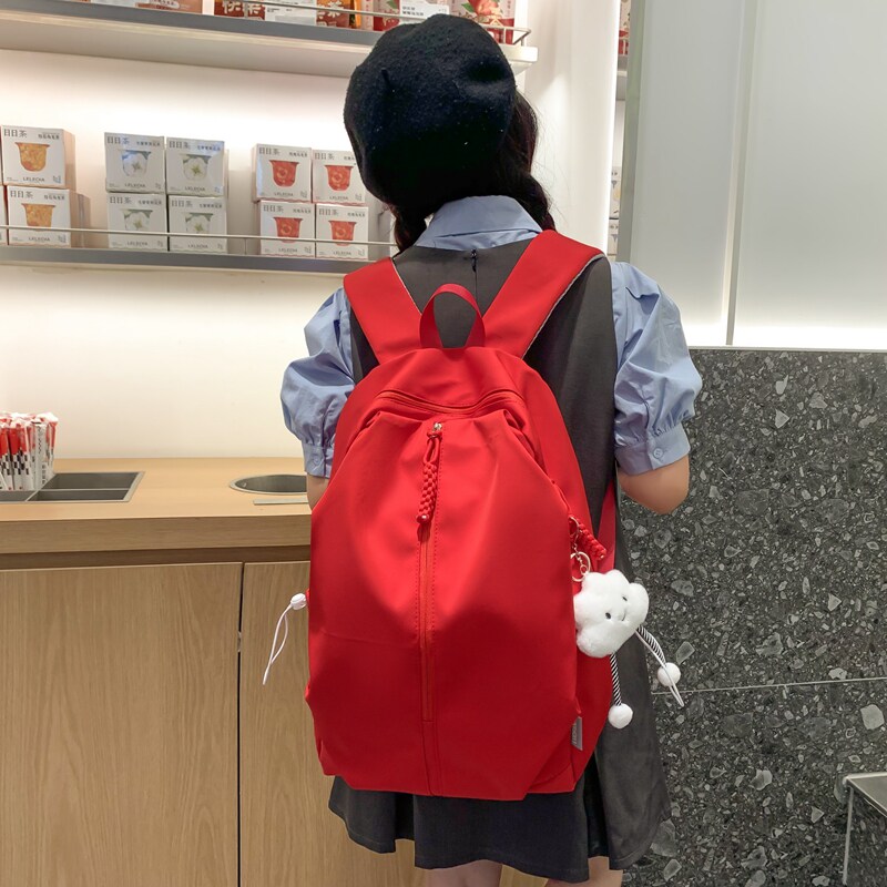 红色书包女2024新款双肩包大学生C大红色红背包轻便旅行旅游肩包