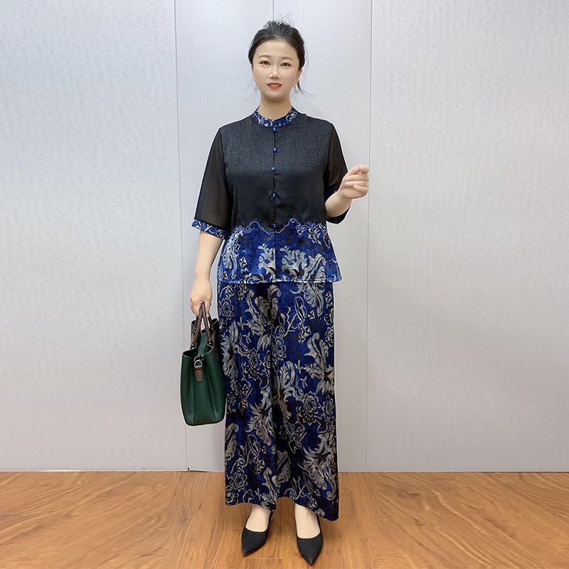 国风妈妈装d青花瓷两件套夏季新款中袖50-60岁奶奶大码开衫套裤女