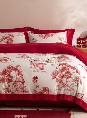 现代100e支结婚四件套婚庆红色被套新婚喜被床单床上用品4