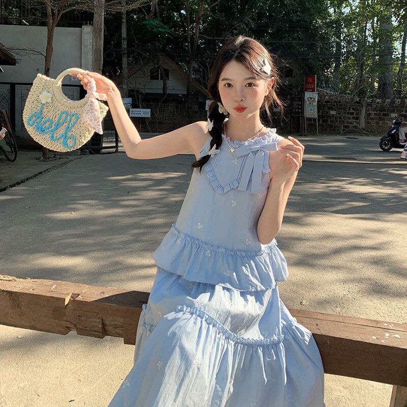 东京岁时记jkh日系学院风新款蓝色莫奈花园无袖衬衫半裙套装女春