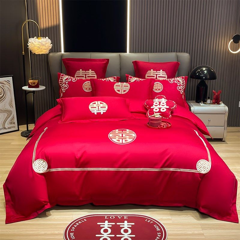 婚庆四件套大红j中式龙凤刺绣新结婚陪嫁六件床单被套床上用品,床上用品,婚庆床品套件,淘宝优惠券,粉丝福利购,淘宝优惠卷
