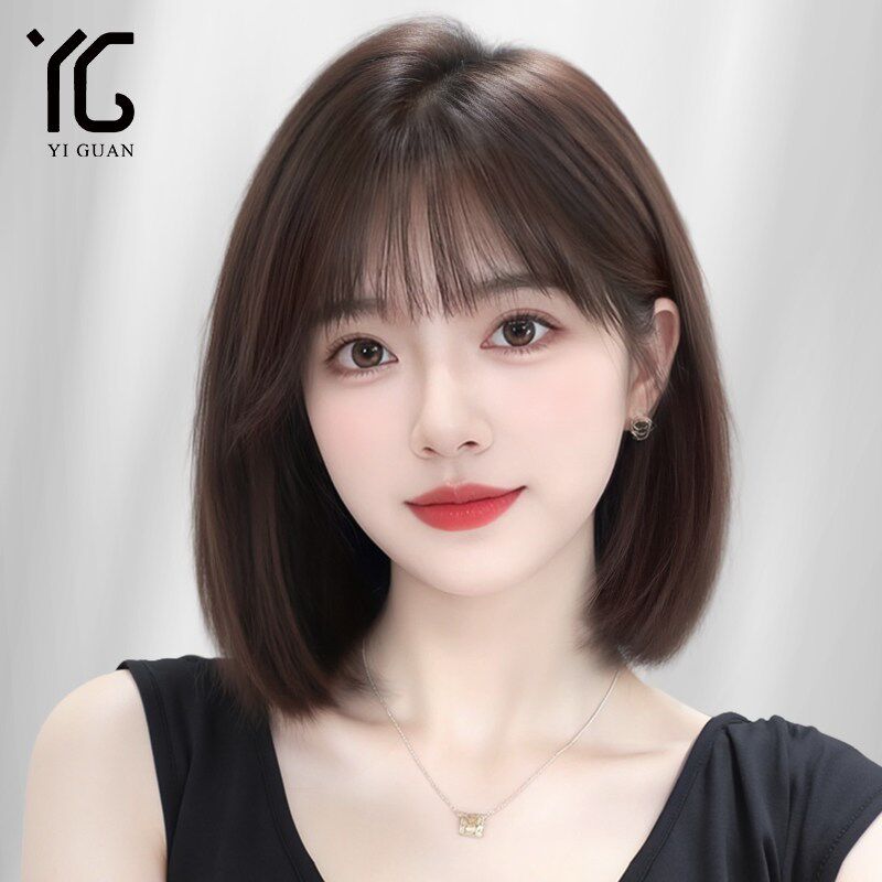 短发假发全头套女真人发隐形无痕蕾丝递针空气浏海V齐肩自然假发