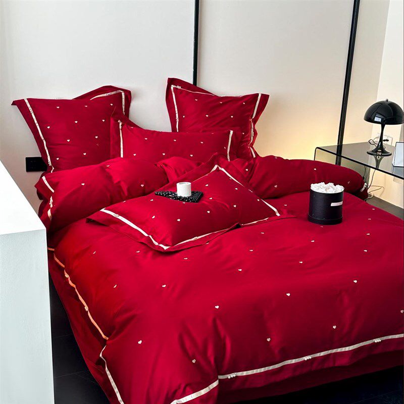 公主风爱心刺绣100全q棉婚庆四件套大红色被套结婚床上用品1.8,床上用品,婚庆床品套件,淘宝优惠券,粉丝福利购,淘宝优惠卷