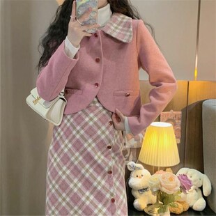 复古套装名媛气质西装潮少女粉色单件春毛呢套装两件套洋气套装秋