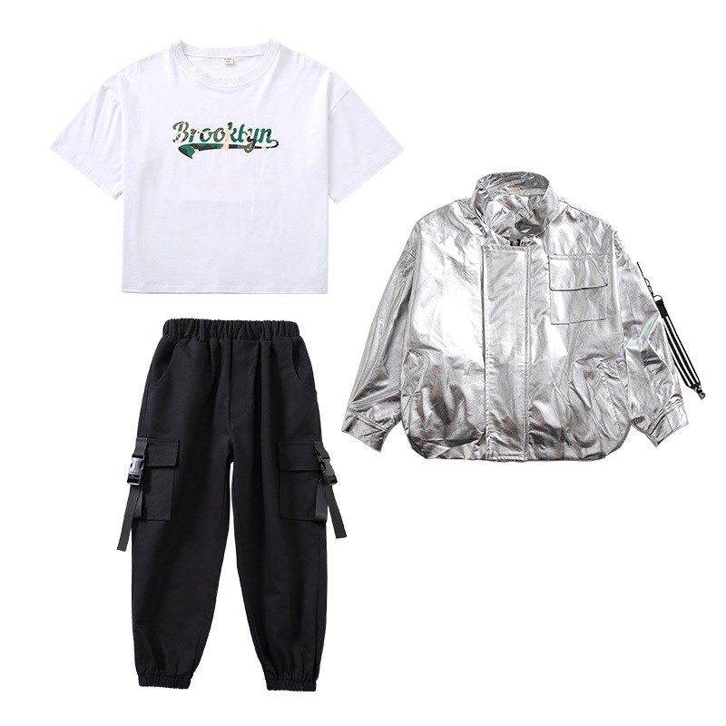 儿童街舞服女孩爵士架子鼓学生hiphop男童嘻哈银色亮皮外套演出服