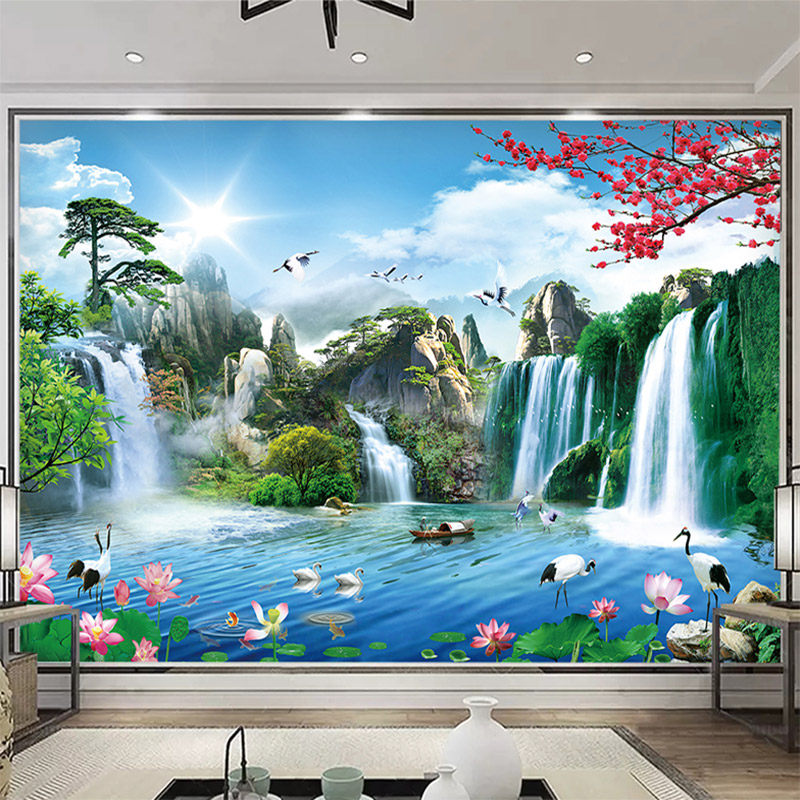 山水画贴纸中式风景画墙贴自粘壁纸墙纸客厅壁画背景墙画墙壁贴画