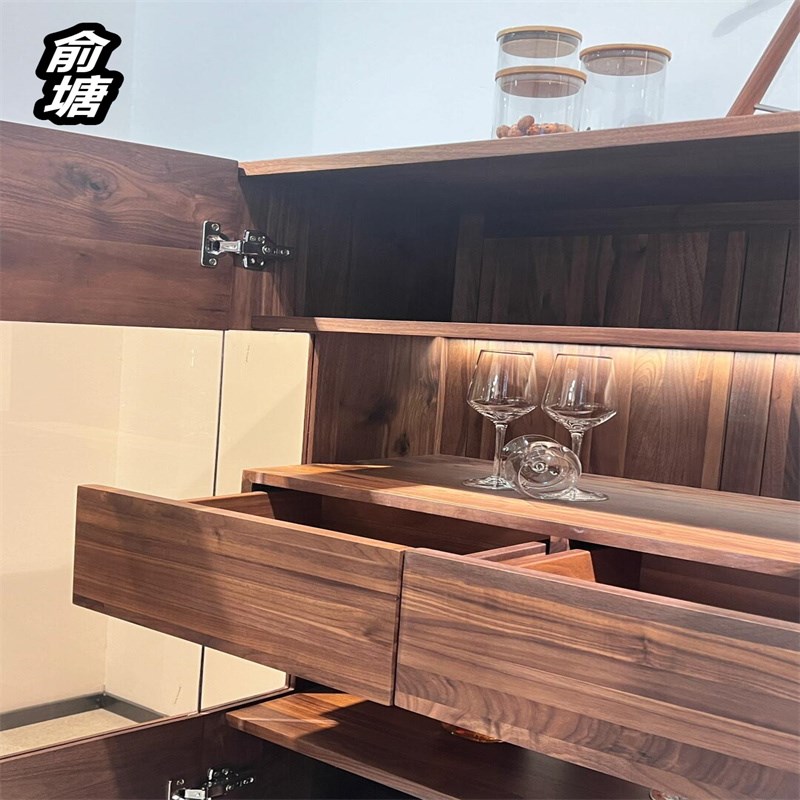 北美黑胡桃餐边柜客厅储物柜全实木酒柜展示柜简约玻璃柜一体靠墙