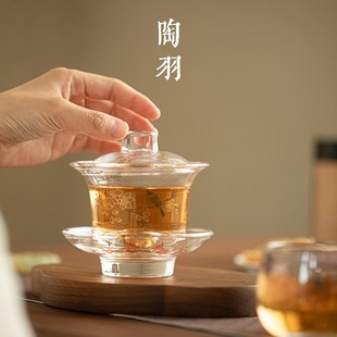 鸟语花香玻璃三才盖碗家用大号泡茶碗带盖单个手抓壶功夫茶具