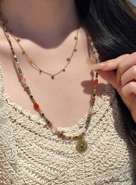 十里剑[红岩画卷]甜美清新的天然石头太阳吊坠串珠项链堆叠毛衣链