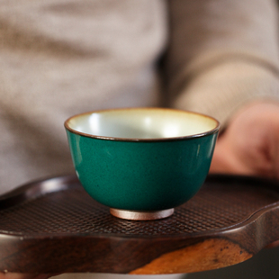 主人杯个人单杯品茗杯功夫茶杯 景德镇陶瓷纯手工孔雀绿釉品杯日式