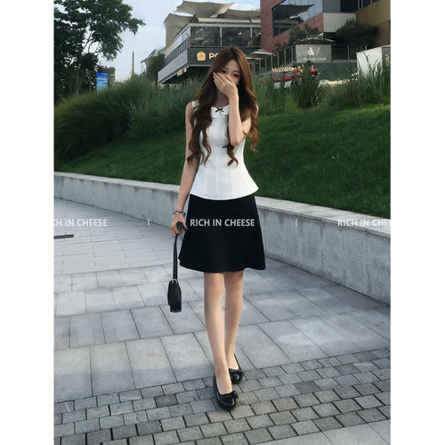 舒胡蕾 淡人高智 韩系chic娃娃领收腰无袖背心女夏季半身中裙套装