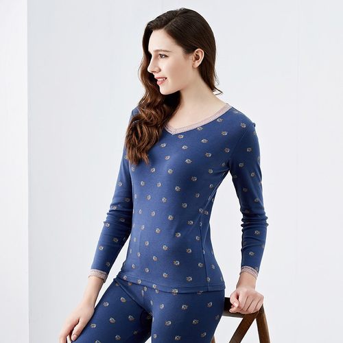 顶呱呱秋衣秋裤女纯棉套装全棉中厚保暖内衣女V领打底棉毛衫秋冬