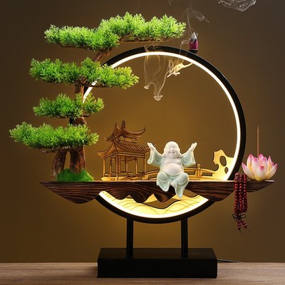 新中式禅意宇航员笑佛弥勒摆件家居客厅玄关桌面软装饰品创意灯圈