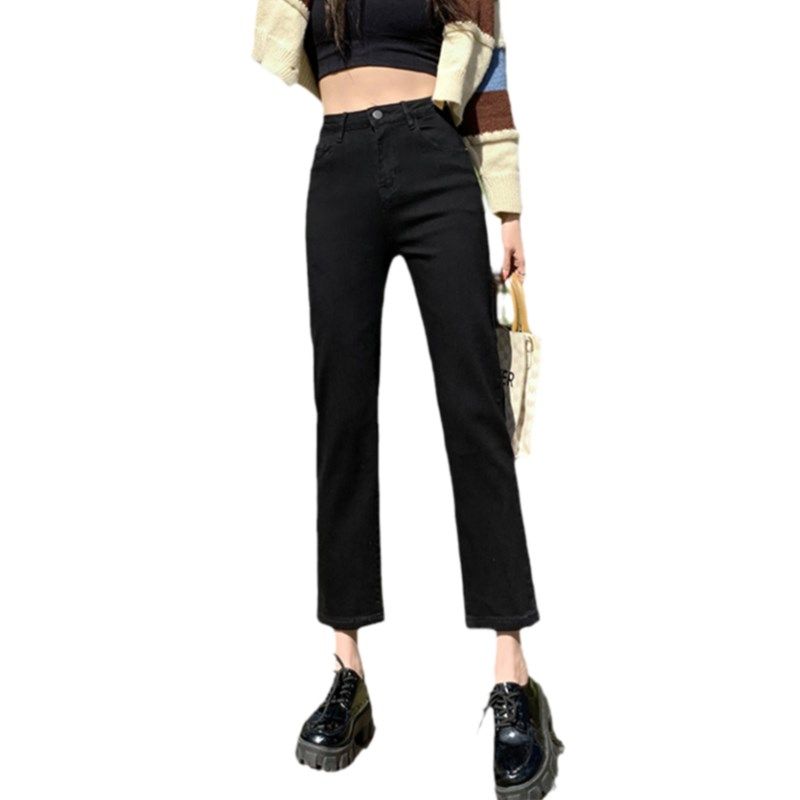 黑色窄版直筒牛仔裤女春秋季2024年高腰显瘦小个子九分烟管裤加绒