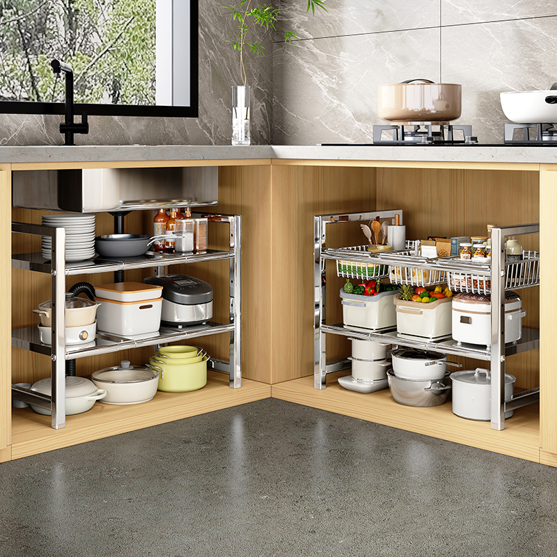 304不锈钢厨房下水槽置物架多功能柜内伸缩架锅具碗碟篮子收纳架