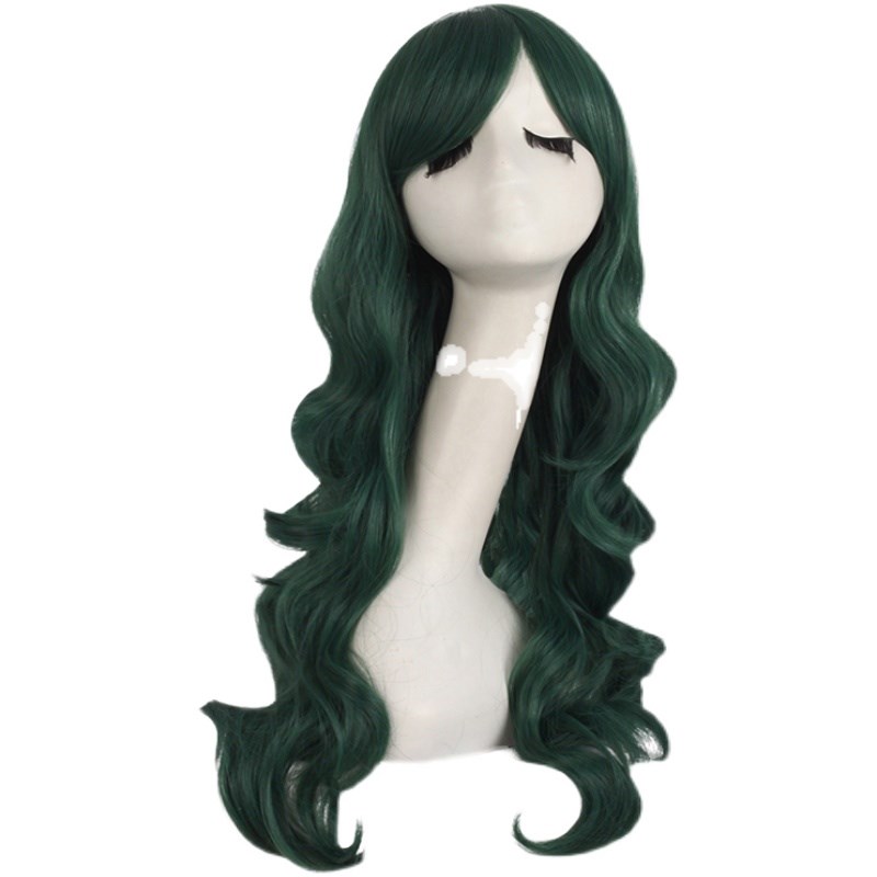 潼漫 假发女长发动漫cos大波浪长卷发墨绿色齐斜刘海高温丝全头套
