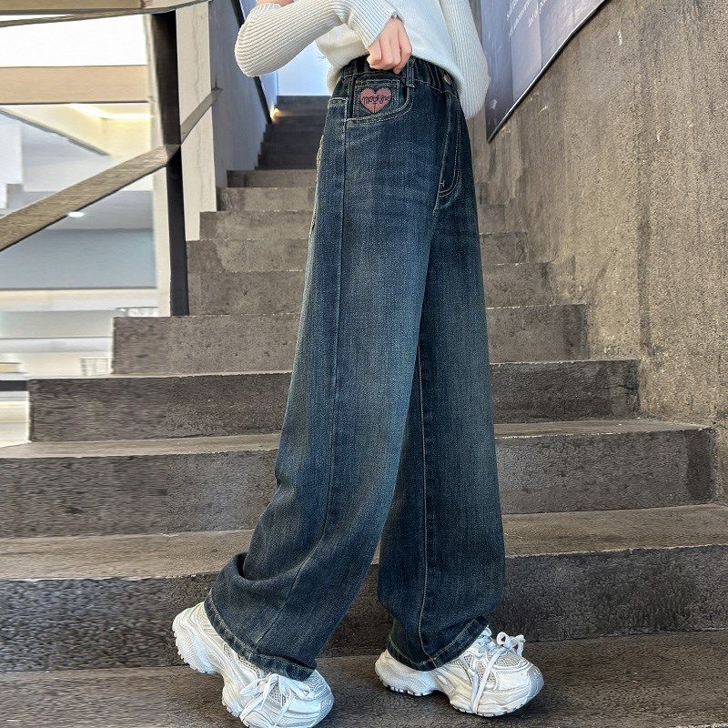 女童裤子春秋款2024新款秋装大童时尚绣花洋气直筒阔腿儿童牛仔裤