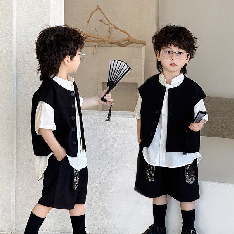 男童汉服新中式国2024夏季新款儿童西装马甲套装婚礼花童礼服休闲