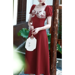 鹿与玫瑰新中式 复古红色连衣裙气质收腰显瘦订婚敬酒回门礼服长裙
