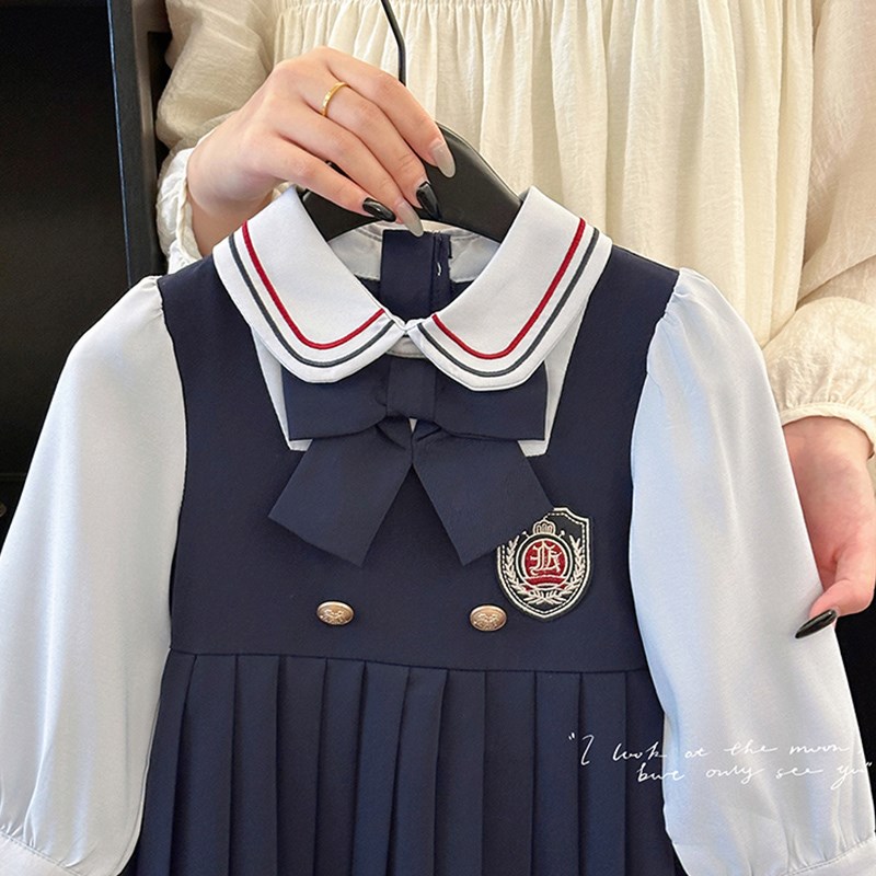 女童连衣裙秋季英伦风时髦假两件衬衫裙洋气儿童学院风长袖公主裙