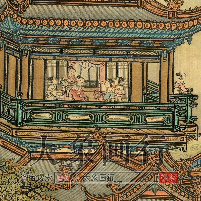 袁耀汉宫春晓图传统山水画亭台楼阁画临摹范本中式装饰画微喷画心