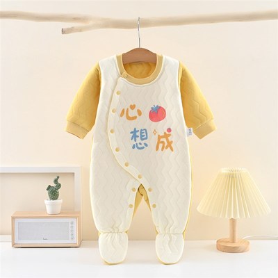 婴儿连体衣新生儿a纯棉爬服宝宝加厚包脚保暖春秋冬季夹棉外出服