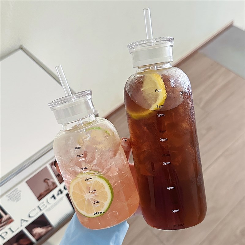 水杯女新款2024高颜值夏透明水瓶便携杯子带吸管玻璃杯带盖刻度