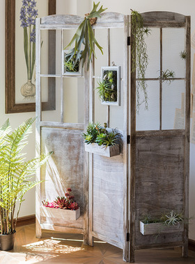 田园网红复古折叠屏风实木玄关隔断花架橱窗镂空服装店落地式摆件
