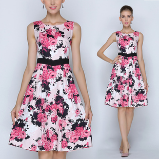 高端大码无袖红花裙子春秋纯棉v碎花轻奢背心连衣裙女夏2021新款