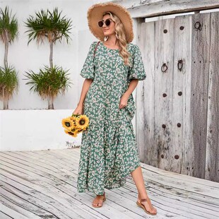 连衣裙子 宽松女士长款 波西米亚度假风透气棉绸短袖 连衣裙碎花大码
