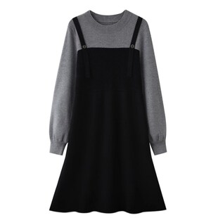 夏法式复古假两件针织拼接连衣裙女秋冬季新款打底内搭毛衣裙不晚