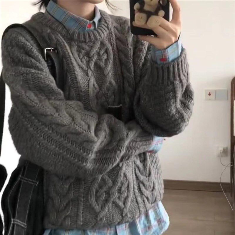 加厚版!韩国复古麻花圆领毛衣女秋冬新款宽松套头百搭针织衫上衣