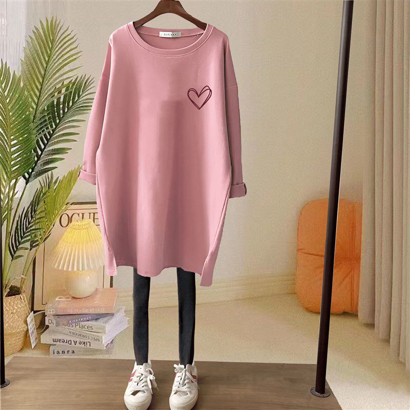 加厚保暖磨毛长袖T恤女宽松中长款休闲纯棉咖色上衣打底衫秋冬季