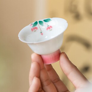 高足小茶杯陶瓷品茗杯主人杯单杯手绘茶盏茶碗白瓷薄胎喝茶杯子