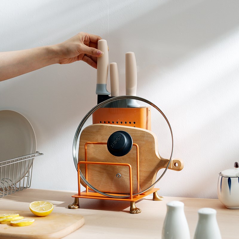 空之喵喵刀架置物架厨房台面款砧板架一体多功能不锈钢刀座锅盖架