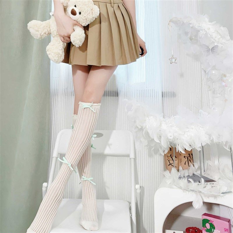 芭蕾风薄荷曼波绿蝴蝶结长筒袜女JK甜美条纹木耳花边小腿袜堆堆袜,女士内衣/男士内衣/家居服,长筒袜,淘宝优惠券,粉丝福利购,淘宝优惠卷