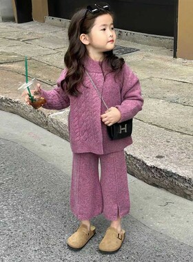 韩国童装2024秋装新款紫色针织开衩毛衣女童洋气上衣阔腿裤两件套