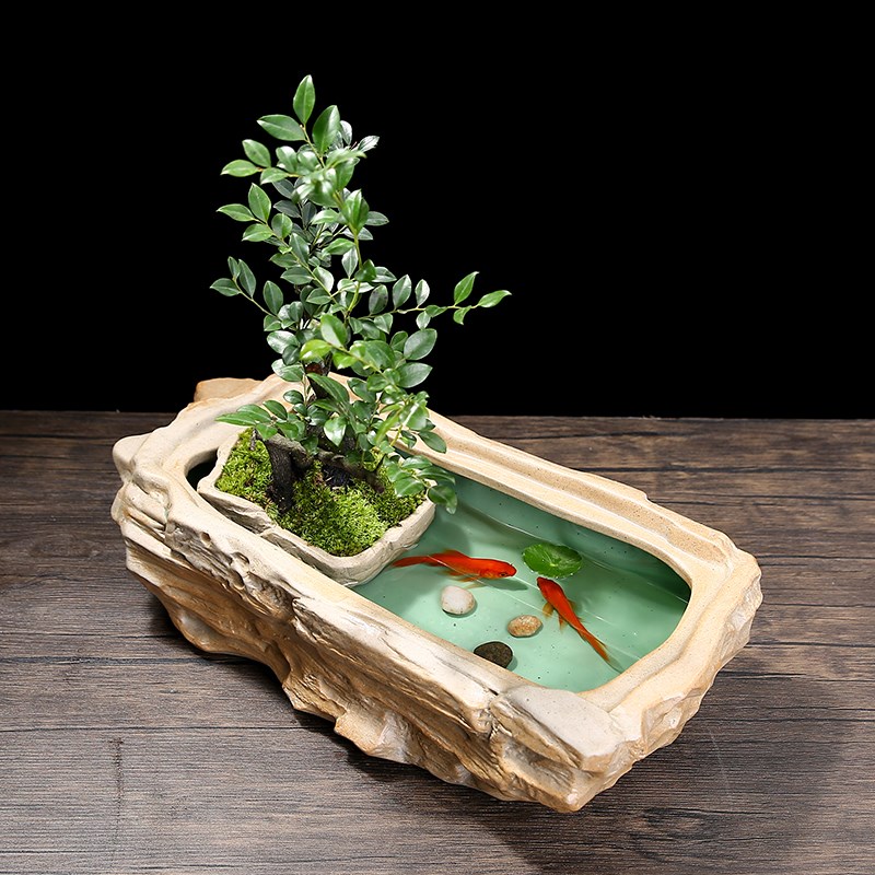 仿石头鱼缸新款小型造景客厅摆件陶瓷花盆桌面办公室养金鱼乌龟缸