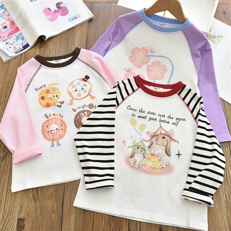 洋气百搭女童撞色条纹T恤中大儿童卡通纯棉插肩袖长袖打底衫25春
