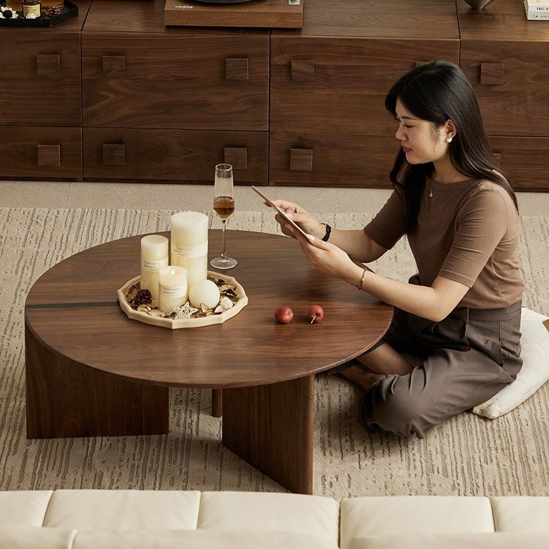 北美黑胡桃木子母茶几圆形小户型客厅家用复古风高低大小组合茶几