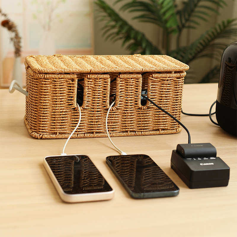 桌面收纳整理集线盒仿藤编织遮挡插线板茶几电视柜数据线理线盒子