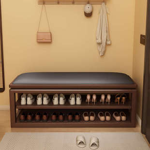 全实木换鞋凳家用入户门口新中式鞋架鞋柜一体免安装可坐穿鞋凳子