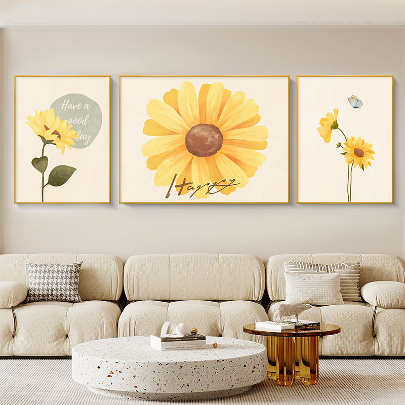 现代简约向日葵客厅装饰画高级感沙发背景墙挂画轻奢大气三联画