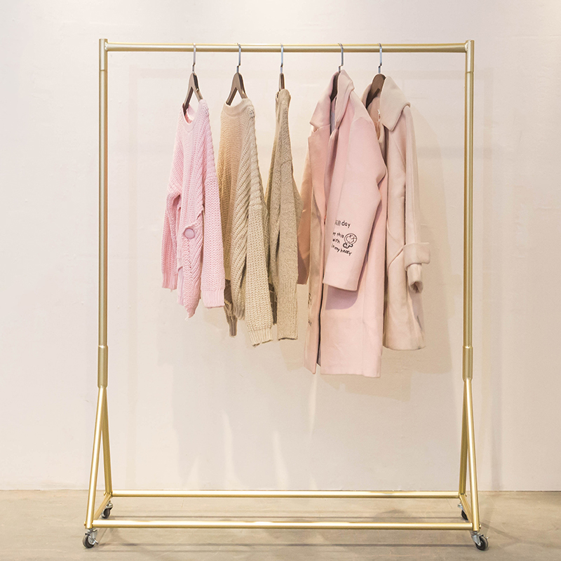 服装店简约纳米金色展示架可推拉女装店中岛货架可移动挂衣架带轮