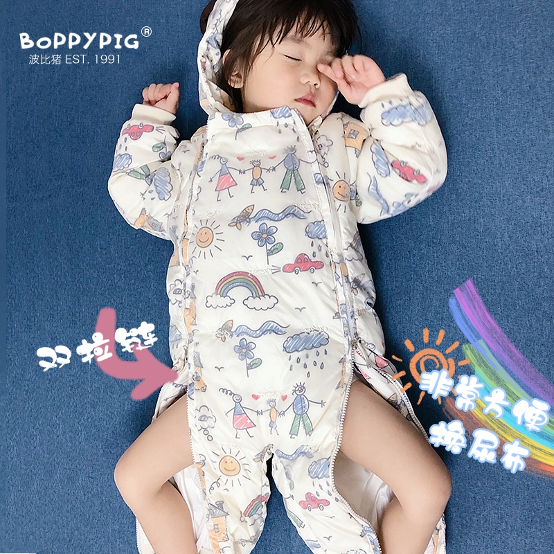 波比猪宝宝羽绒服新生儿童爬服女宝加厚冬装轻薄男婴儿连体衣套装