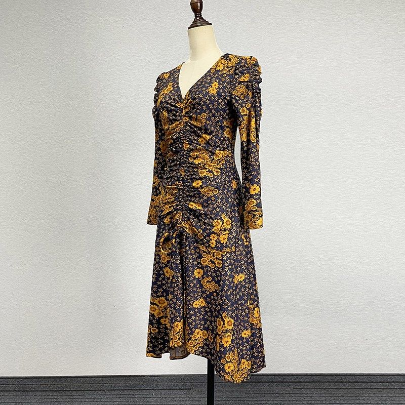 中长款蓝底黄花长袖连衣裙女2024弹力修身性感V领黑底红花a字裙子