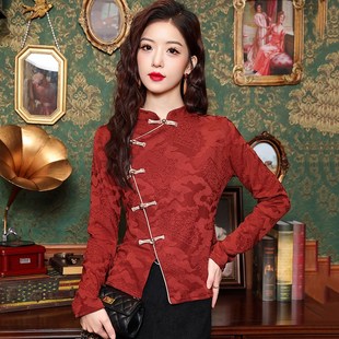 新中式国风盘扣旗袍衬衫女2025早春新年红色上衣春秋复古优雅小衫